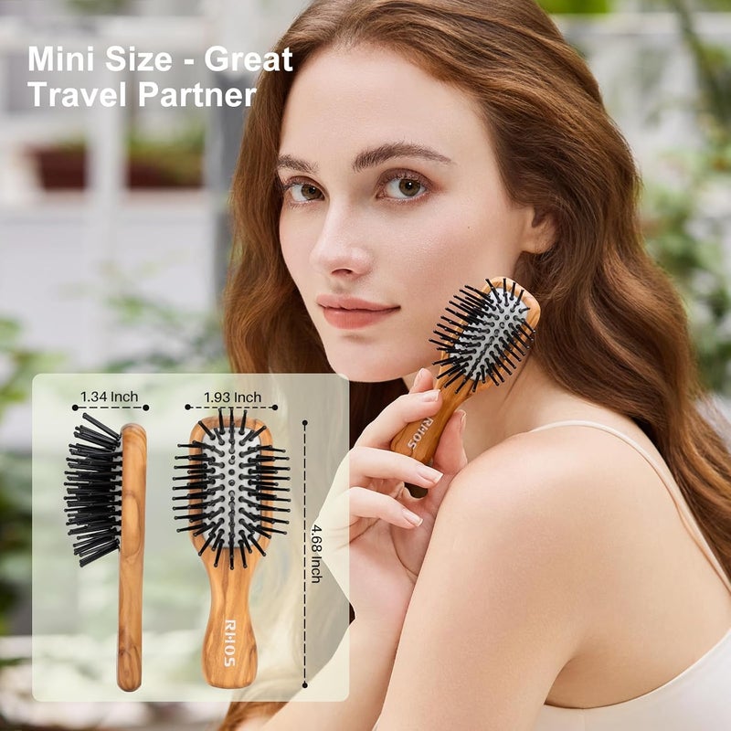 RHOS Mini Hair Brush for Women,Men and Kids-Travel Size Hair Brush for Purse,Pocket,backpack-Small Cushion Paddle Brush with Soft Bristles-Mini Detangler Brush for All Hair Types(1 Pack-Olive Wood) - Image 2